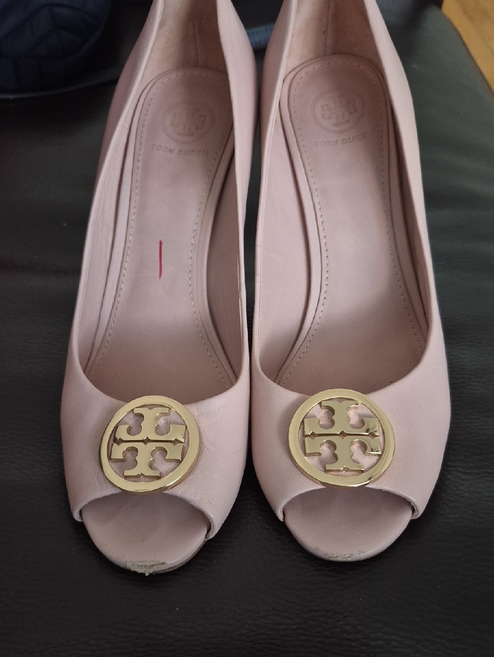 Tory Burch Blush Pink Peep-Toe wedge with Gold Logo Medallion